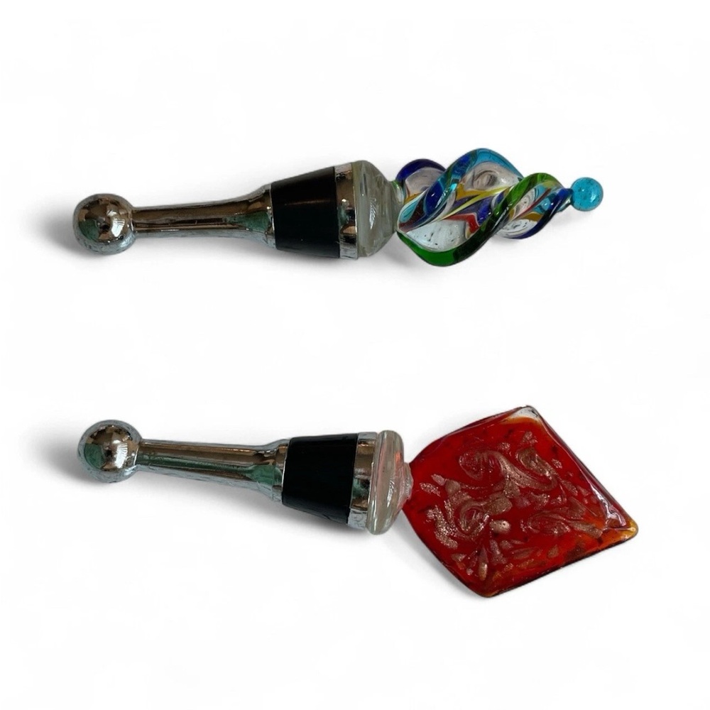 Hand Blown Art Glass Wine Bottle‎ Stoppers Set of 2 Colorful Barware Gift Decor